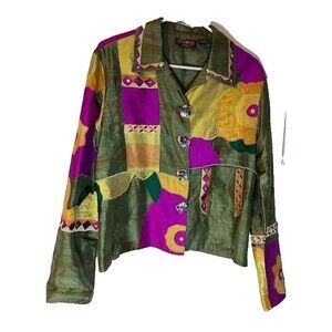 Legacy Silk Shacket M Boho Chic Retro Glam Patchwork Colorful Button Blouse